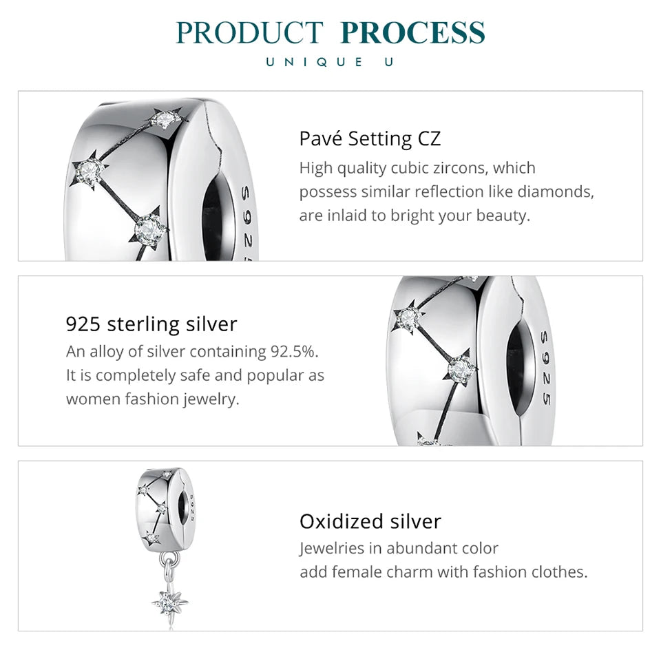 BISAER 925 Sterling Silver Clip Spacer Charm – Star & Cross Stopper Bead Fit Pandora Bracelet DIY Women’s Jewelry