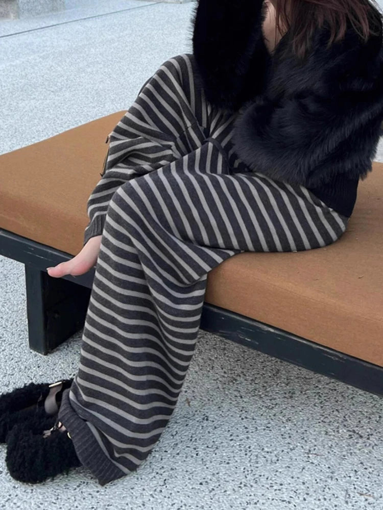 Harajuku Contrast Color Striped Pants | Y2K Vintage Wide-Leg Knitted Trousers for Women