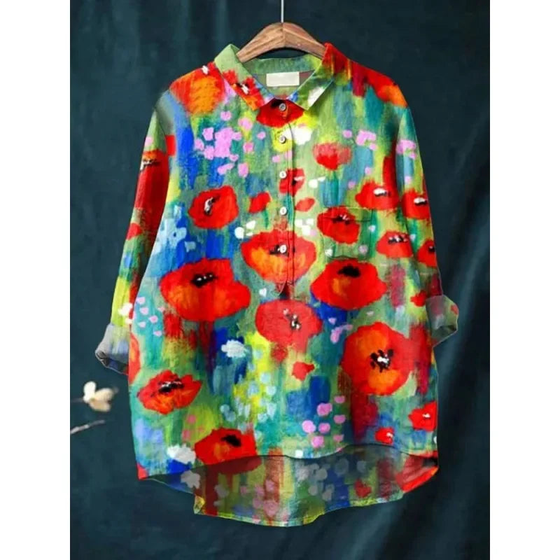 Women’s Cat Print Casual Long Sleeve Shirt – Stand-Up Collar Vintage Indian Ethnic Style Top