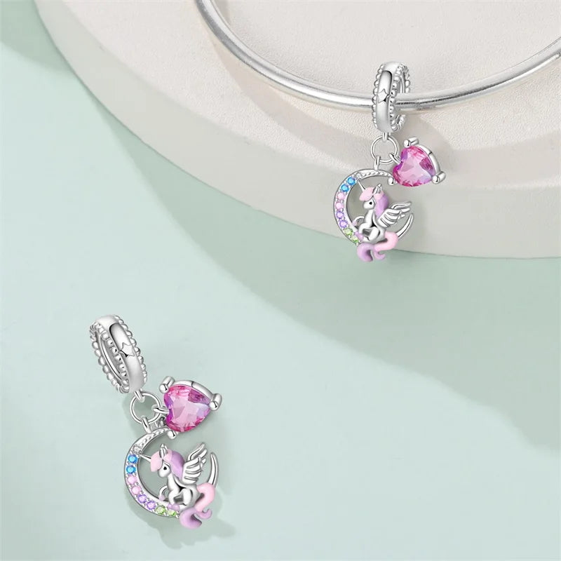 925 Silver Plated Magic Mirror Princess Angel Pink Charm Beads | Fits Original Pan 925 Bracelet | Exquisite DIY Jewelry