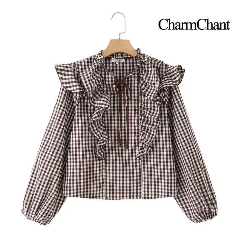CharmChant Women’s Gingham Cropped Blouse 🌸 Ruffle Tie Neck Top ✨