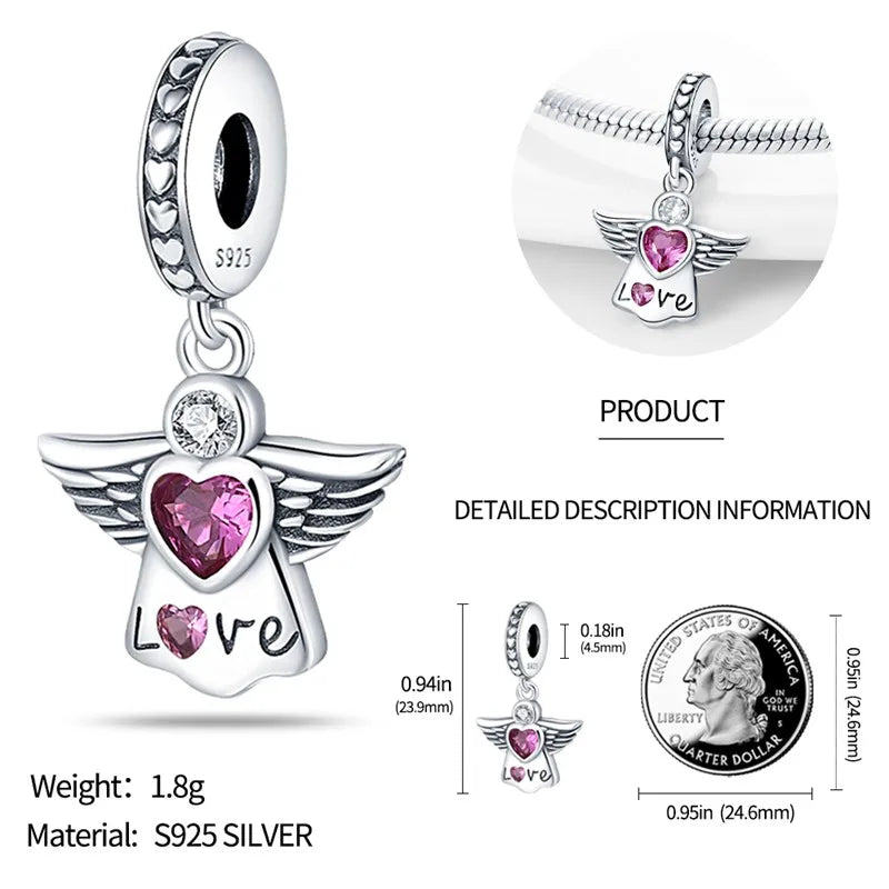S925 Silver Angel Baby Charms | Heart Shape Wings Dangle Beads Fit Bracelet & Necklace