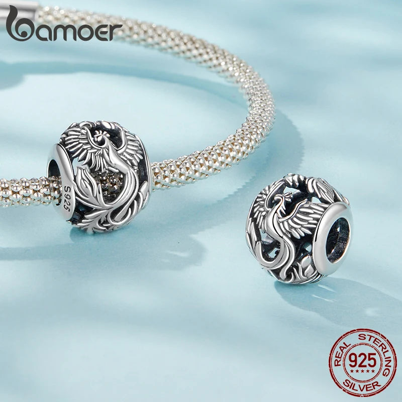 BAMOER 925 Sterling Silver Phoenix & Dragon Charm | Retro Hollow Round Bead | Fits Original Bracelet DIY Jewelry Accessories