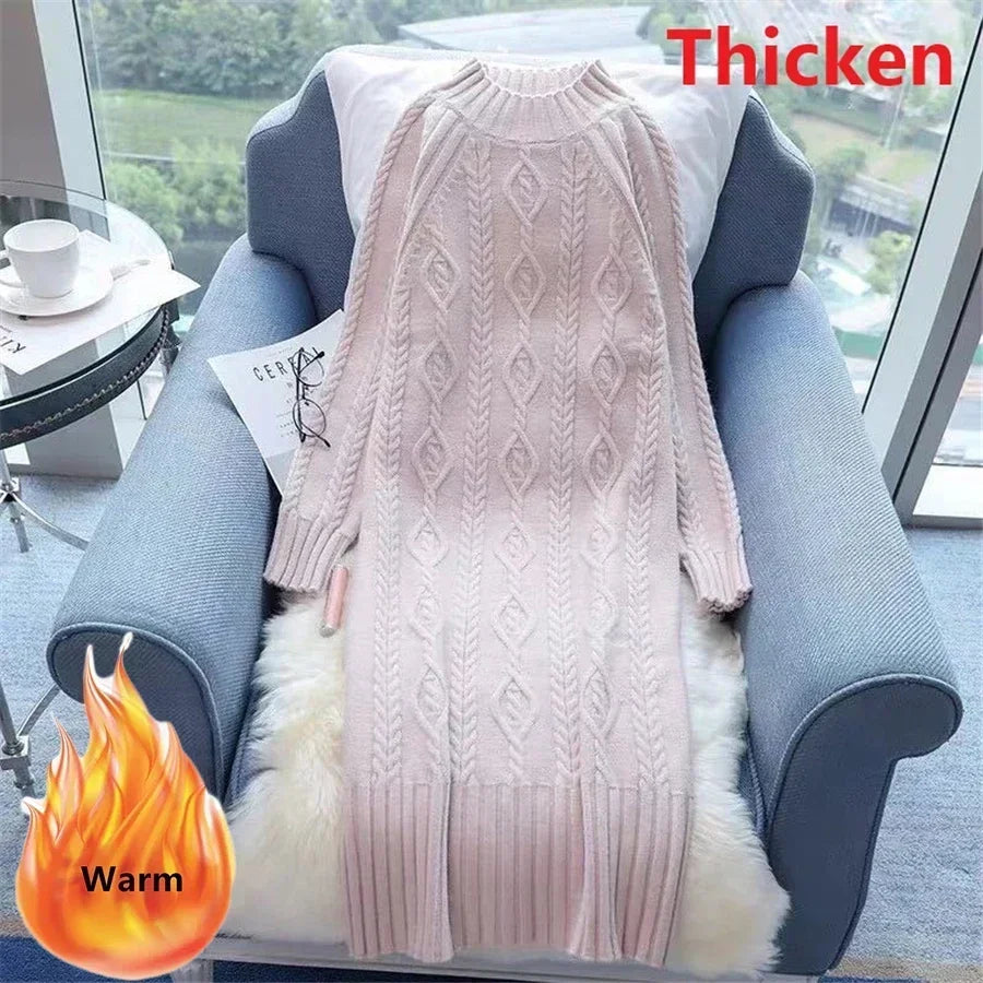 Winter Thicken Plus Velvet Sweater Dress for Women – Fall Mock Neck Rib Knit Midi Dress | Elegant Warm Vestido with Coats