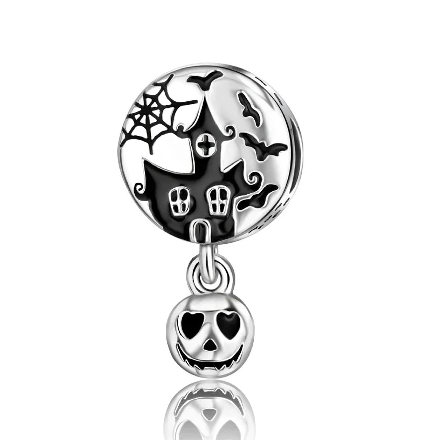 Halloween 925 Sterling Silver Black Skull, Bat & Pumpkin Charms | Pendant for DIY Original Bracelets, Women’s Fine Jewelry Gift