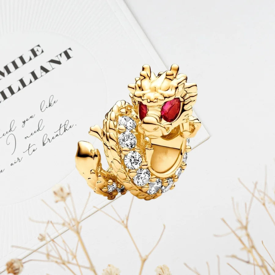 Hot Sale Gold Plated Heart & Chinese Dragon Charm Beads | Fashion Jewelry for Original Silver Bracelets