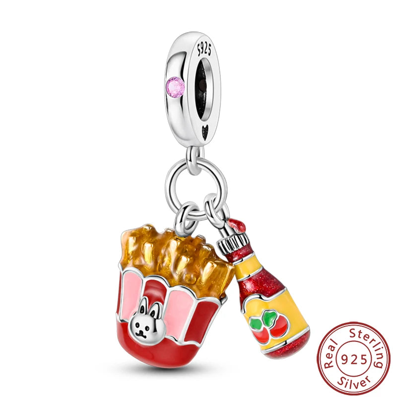 925 Sterling Silver Dessert Afternoon Tea Charm – Coffee, Cake, Pizza & Fries Beads Fit Original Pandora Bracelet DIY Jewelry