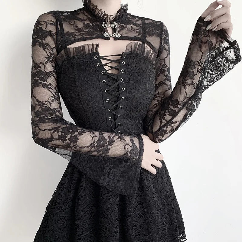 Dark Black Goth Top | Women’s Vintage Flared Sleeve Gothic T-Shirt Y2K Party Wear