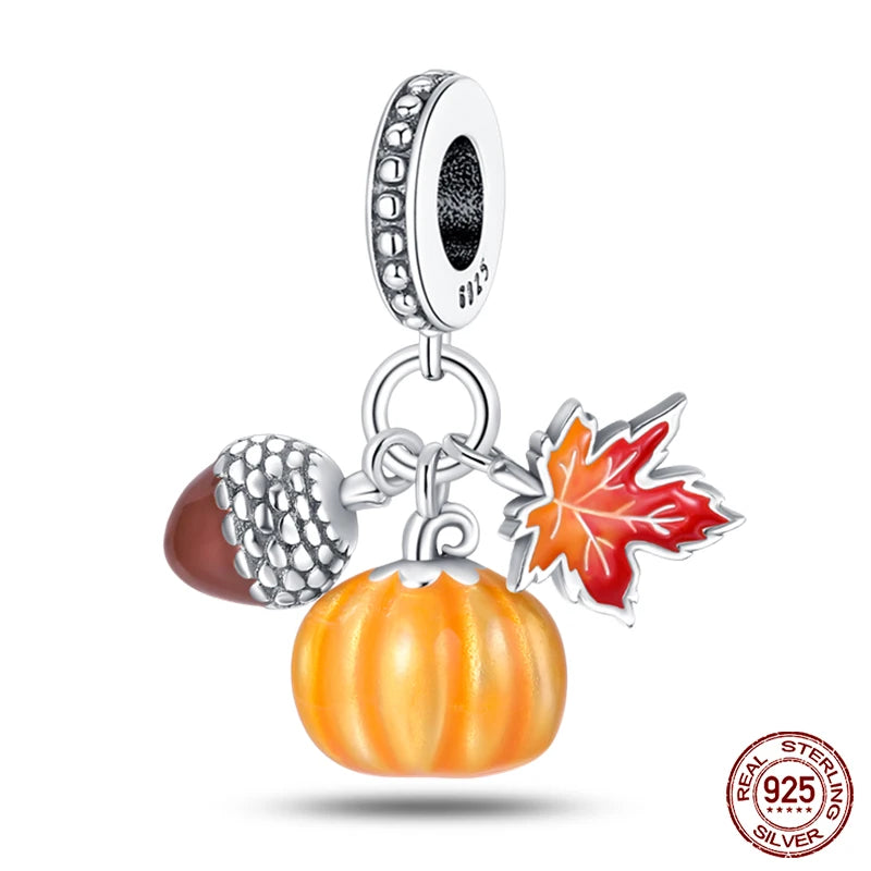 925 Sterling Silver Golden Autumn Charms | Maple Leaf & Pumpkin Beads Fit Original Bracelet DIY Jewelry Gift