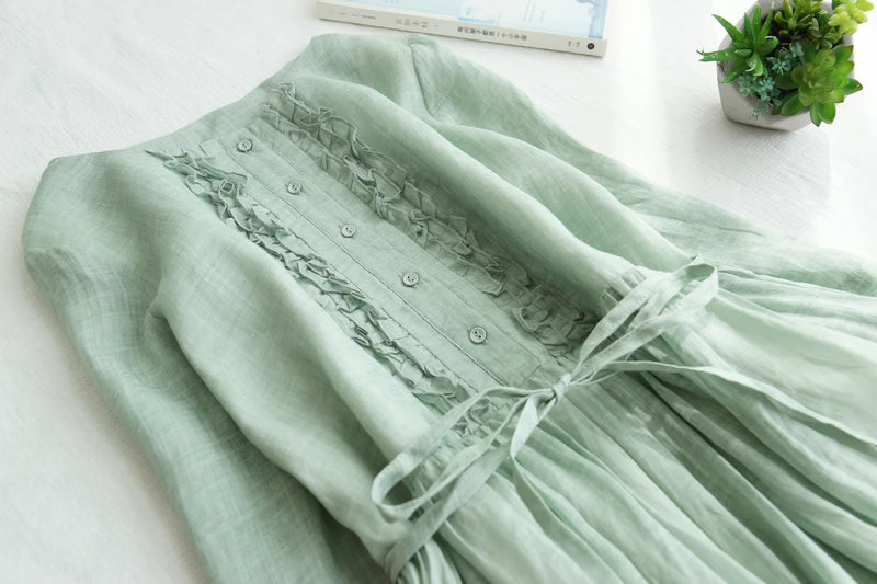 Japanese Style Women’s Long Sleeve Cotton Linen Dress | Wooden Ear Design Loose A-Line Skirt with Waist Belt