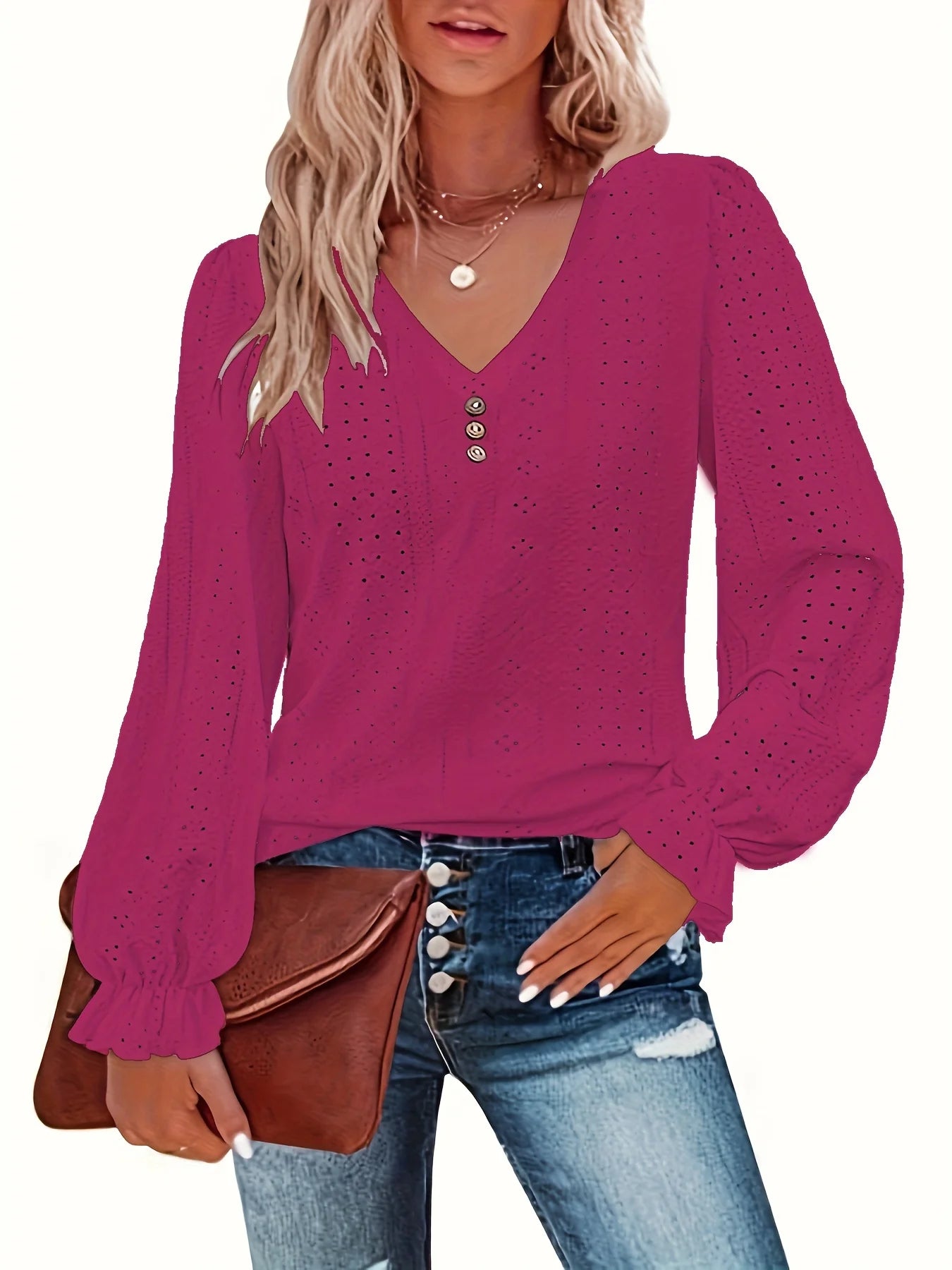 Plus Size Eyelet Button V-Neck Long Sleeve T-Shirt – Casual Spring & Fall Women’s Top 👚✨