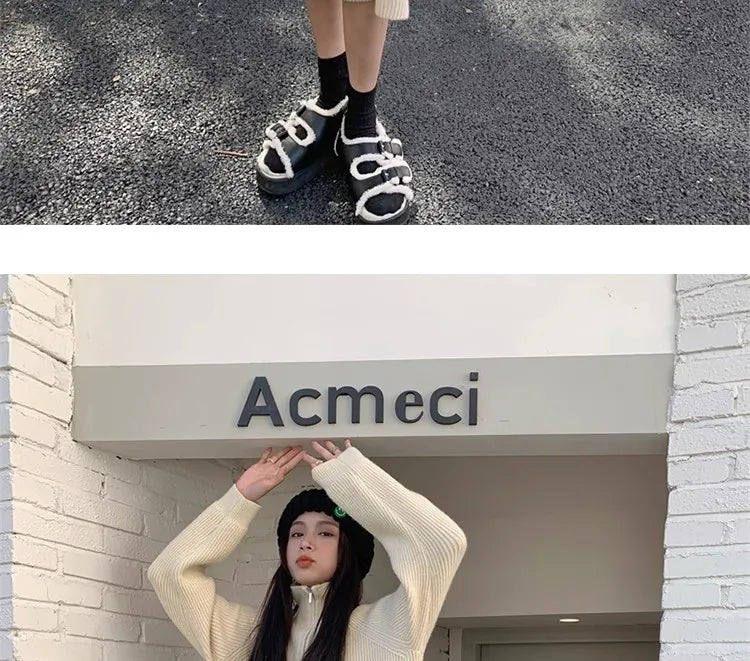 Autumn Winter Knitted Zipper Collar Dress for Women – Long Sleeve Loose Fit Pure Color H-Shape Casual Warm Dress
