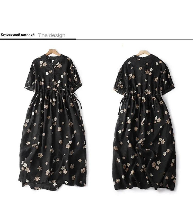 Elegant Hemp Floral Print Maxi Dress – Women's Summer Travel Gown, A-Line Midi Skirt, Chic Lightweight Long Dress
