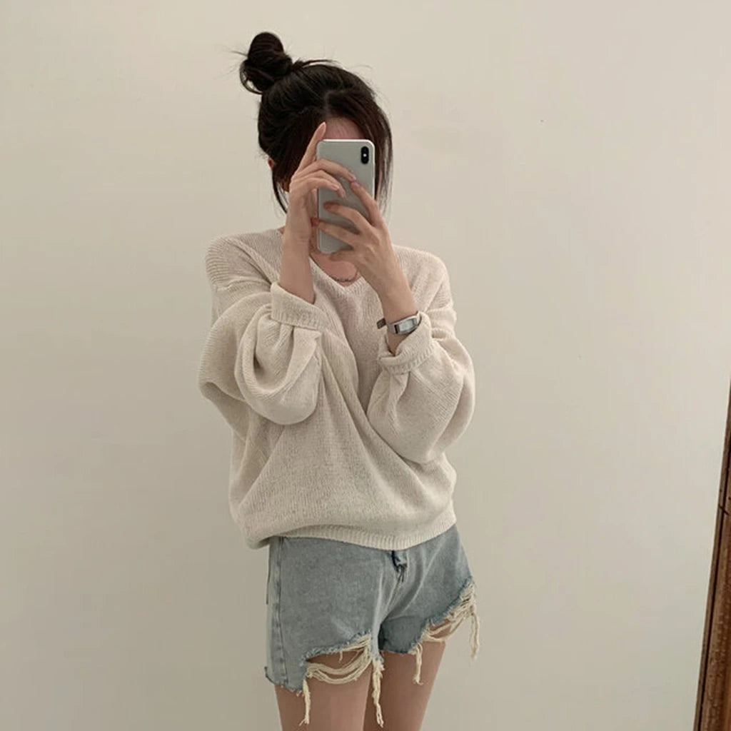 Loose Women’s Knitwear V-Neck Long Sleeve T-Shirt – Casual Comfortable Fashionable Autumn Top New Arrival
