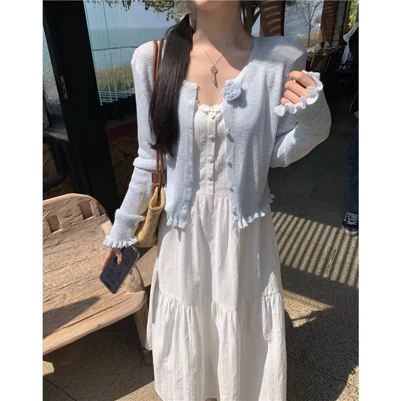Summer 2025 Women’s Pure Cotton White Strap Dress with Long Sleeve Ice Silk Knitted Sun Protection Cardigan Set – Elegant Fashion