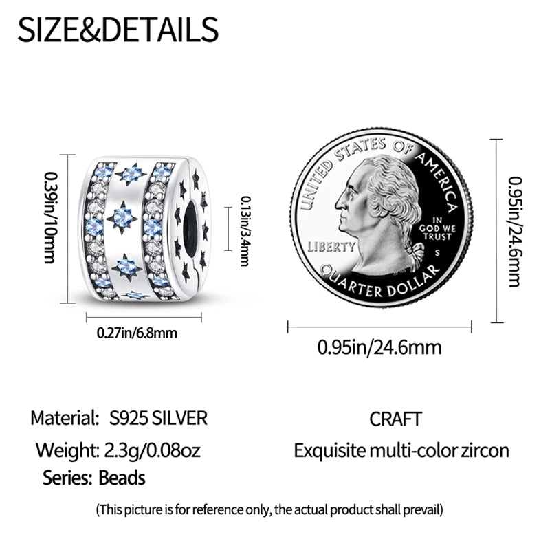 925 Sterling Silver Pave Clip Charms with Safety Chain | Colored Beads Stopper Clasp Fit Original Pandora Bracelet Jewelry