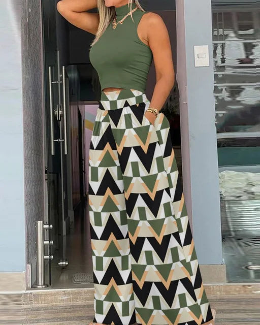 2025 Summer Fashion Printed Two Piece Set Women – Sleeveless Tank Top & Wide Leg Pants 🌞👚👖