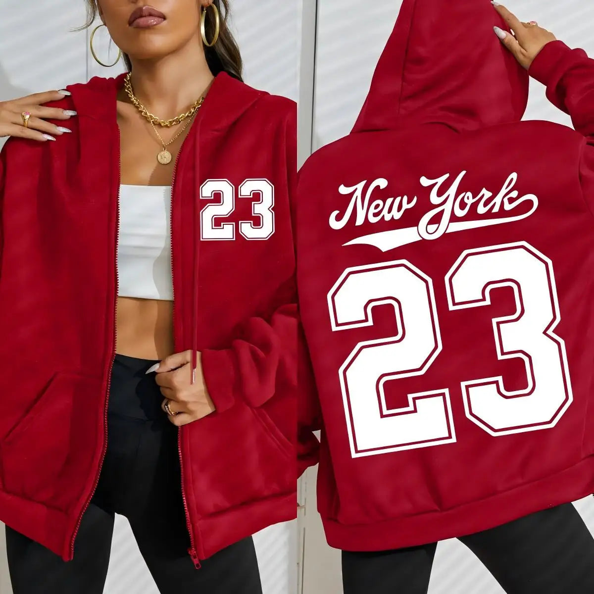 New York Number 23 Women’s Hoodie | Fleece Zipper Sweatshirt | Autumn Casual Sportswear Fashion Hoody
