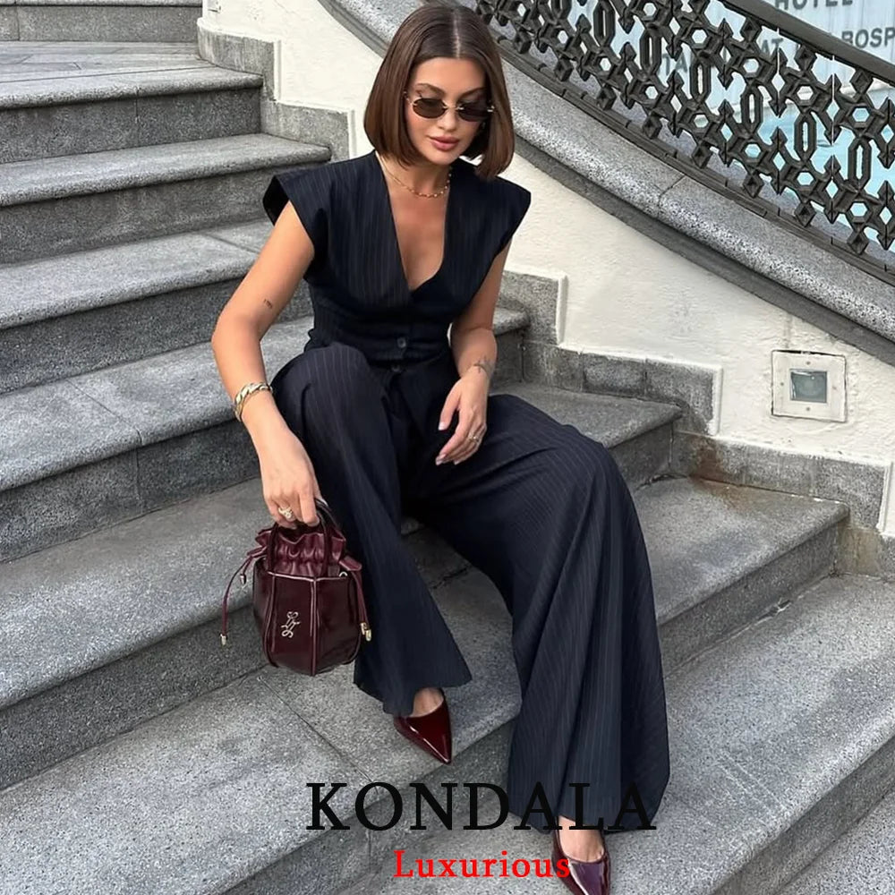 KONDALA Vintage Striped Print Women Suit – V-Neck Slim Vest + High Waist Wide-Leg Pants 2025 Autumn Office Set 🍂👩‍💼✨