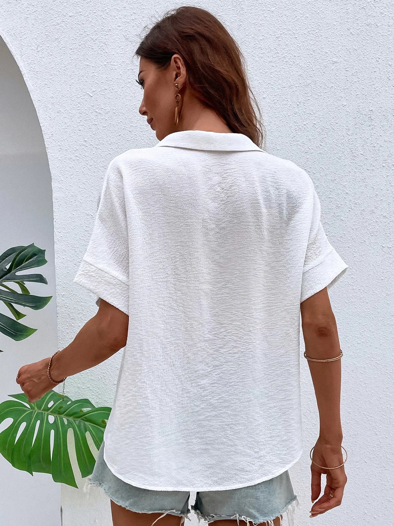 Ladies Solid Color Lapel Neck Blouse – Casual Batwing Sleeve Women Tops 👚✨