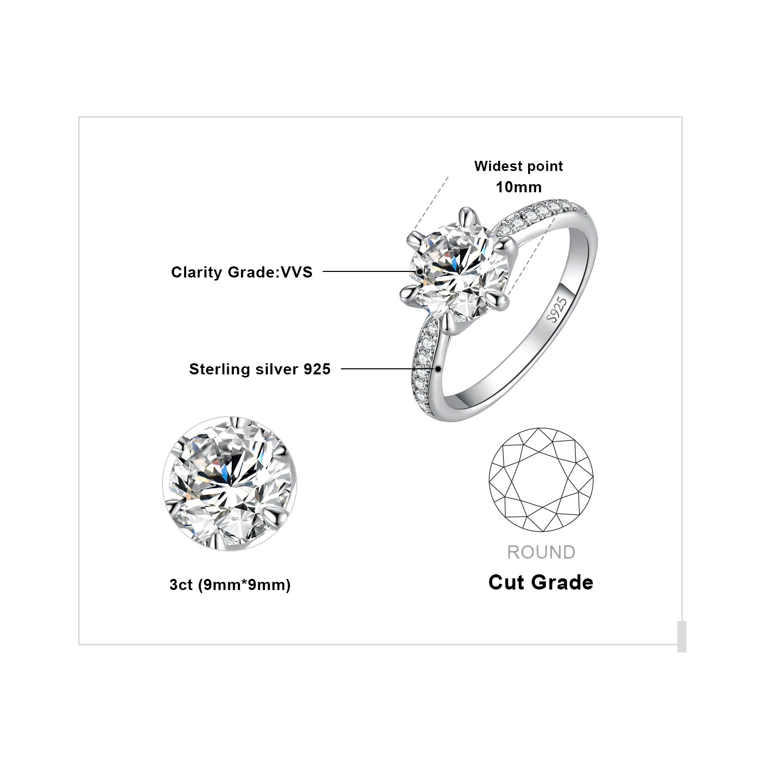 JewelryPalace Moissanite D Color Round Ring | 1–3ct S925 Sterling Silver Wedding & Engagement Ring