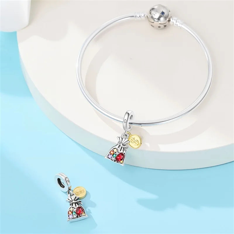 925 Sterling Silver Dollar Money Bag Charms | Wealth Freedom Rich Pendant Beads Fit Original Bracelet DIY Jewelry