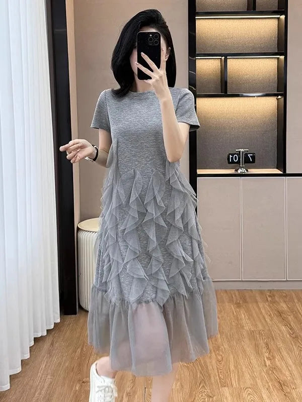 Plus Size Asymmetrical T-Shirt Dress | Slimming Mesh Splice Belly-Covering High Waist A-Line Dress | Summer Women’s Fashion