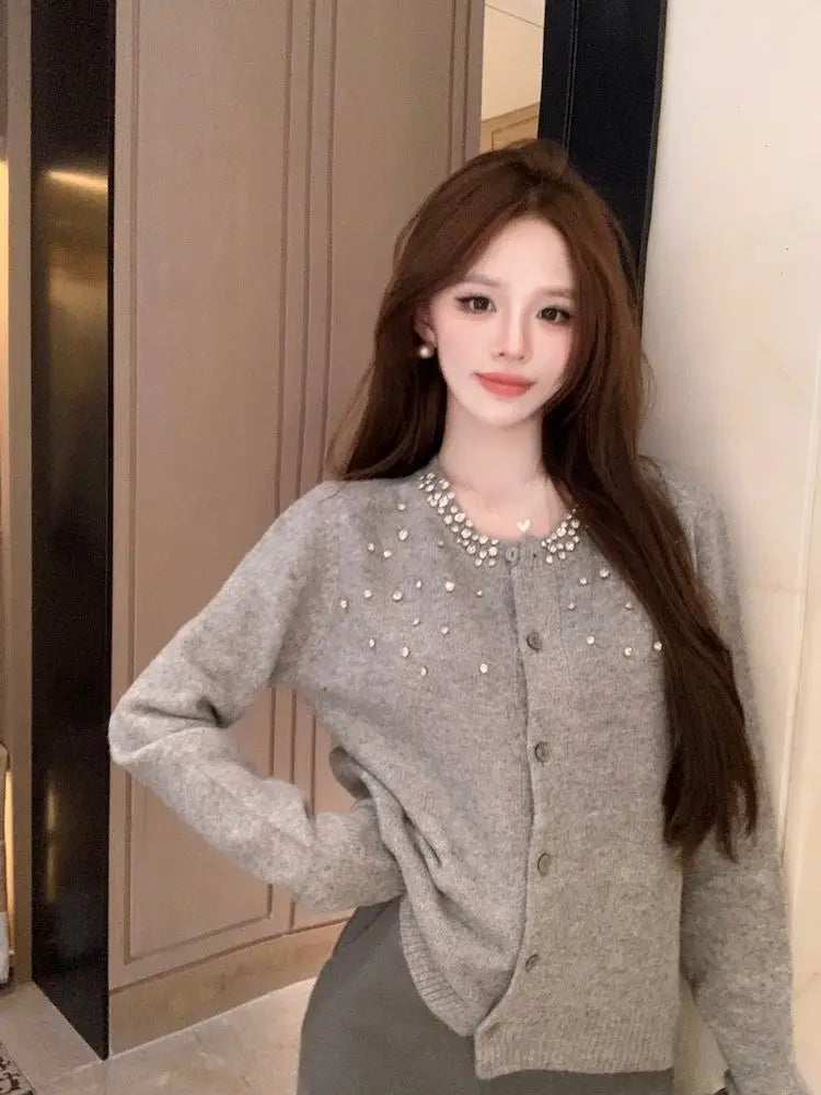 Heavy-Embroidered Diamond Women’s Sweater Cardigan – Soft Cozy Round Neck High-End Outerwear