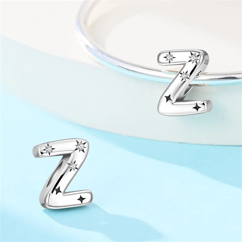 Classic 925 Sterling Silver A–Z Alphabet Charms | Letter Beads with Stars Fit Original Bracelet DIY Jewelry for Women