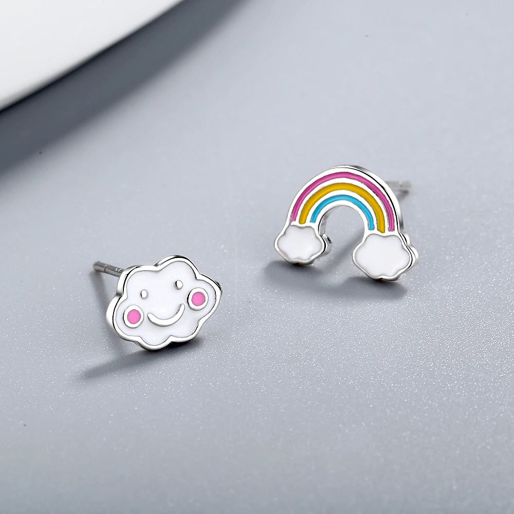 Real Pure 925 Sterling Silver Rainbow Stud Earrings for Women & Girls – Cute Korean Japanese Style