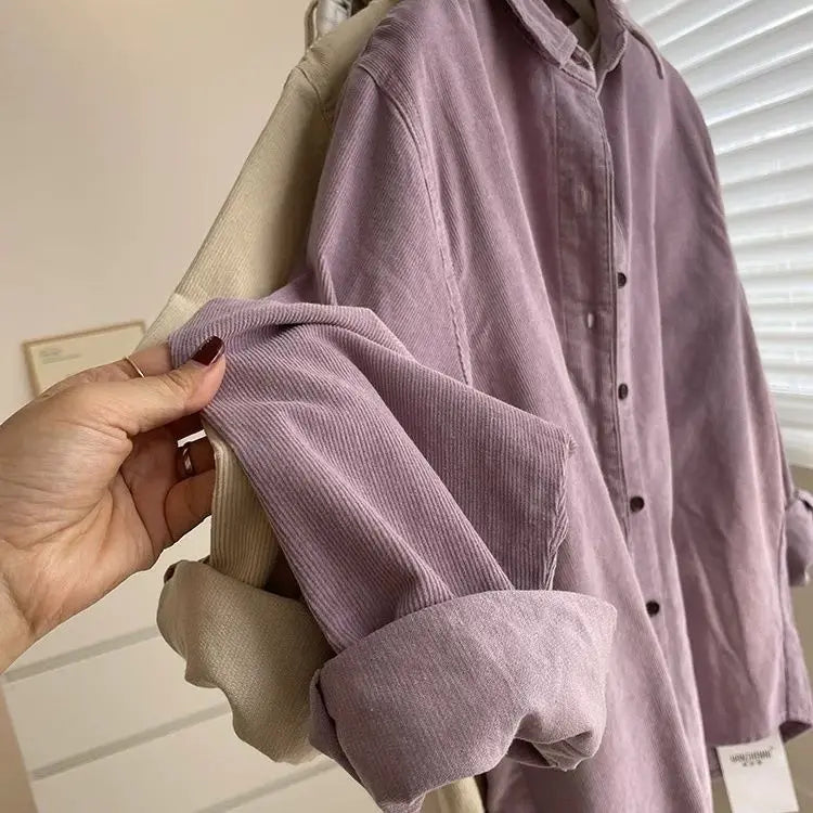 2025 Women’s Corduroy Purple Lotus Shirt | Loose Long Sleeve Casual Outerwear Top for Autumn