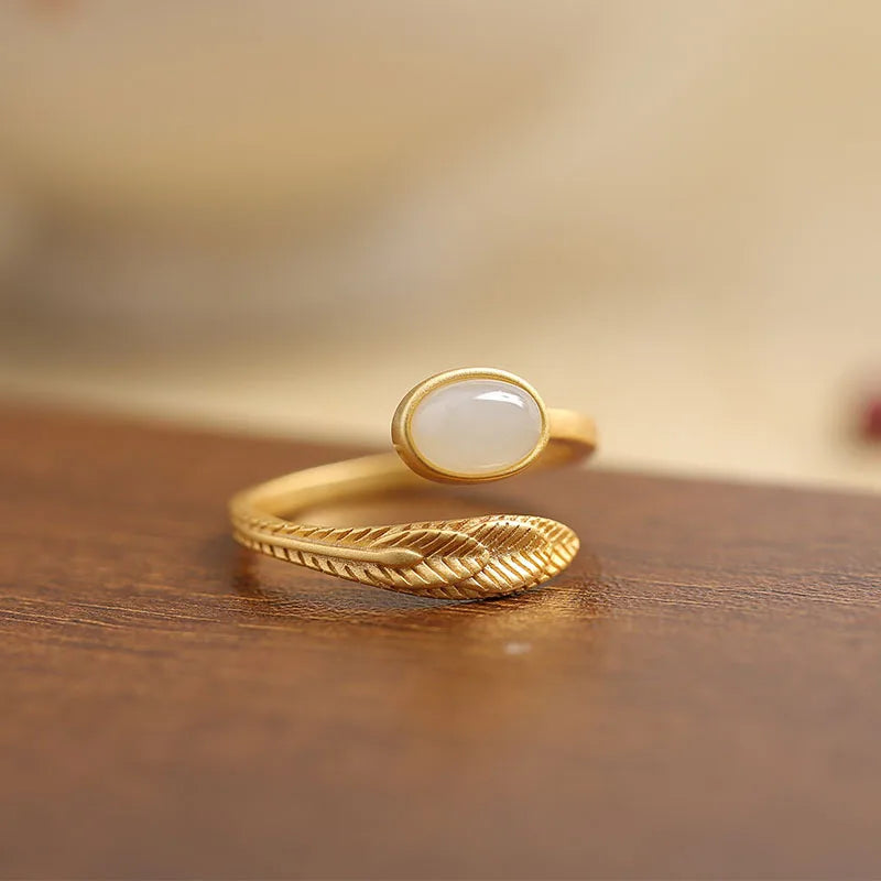 PANJBJ 925 Sterling Silver Hotan Jade Geometric Adjustable Ring | Retro Delicate Jewelry Gift for Women