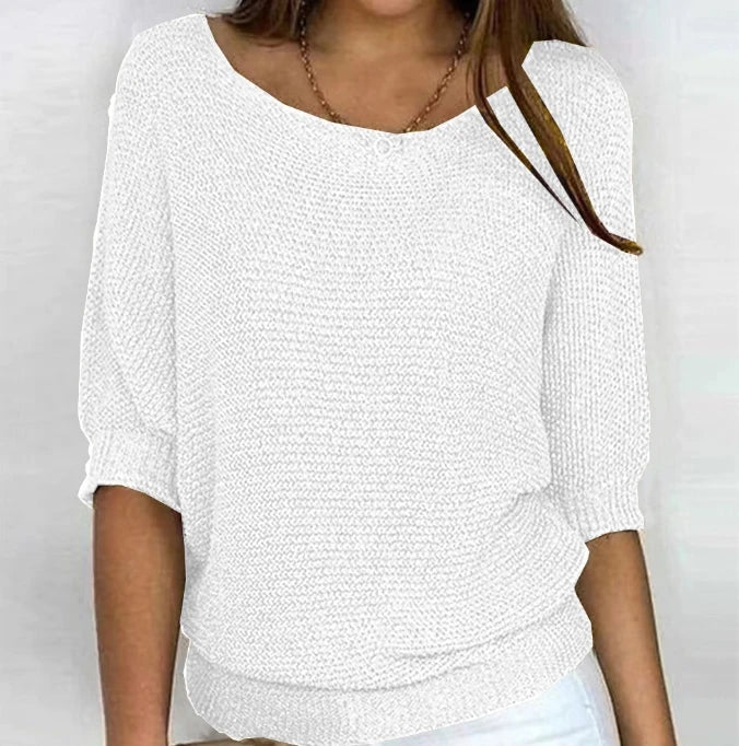 Women's Solid Color Knitted Sweater Pullover | Elegant Winter Round Neck 3/4 Sleeve Top