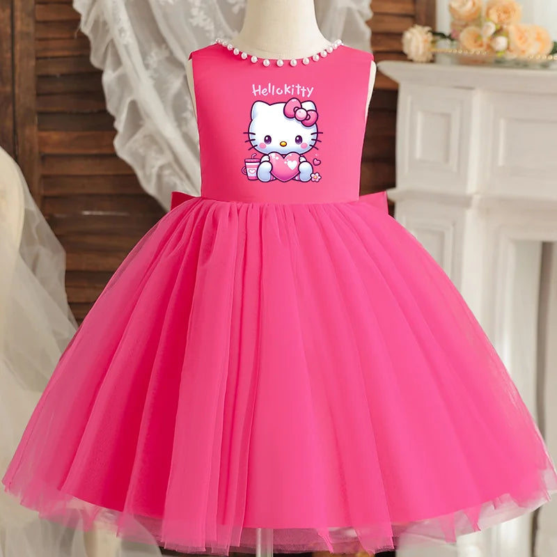 Hello Kitty Kids Pearls Elegant Princess Dress for Girls Backless Bow Baby 1st Birthday Baptism Tutu Gown Wedding Dress