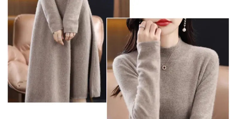 Women’s Mid-Length Knitted Wool Dress – High Collar Long Sleeve Casual Autumn Commute Dress for Ladies