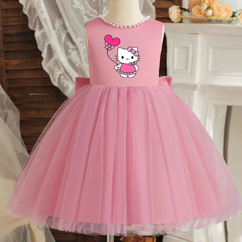 Hello Kitty Kids Pearls Elegant Princess Dress for Girls Backless Bow Baby 1st Birthday Baptism Tutu Gown Wedding Dress