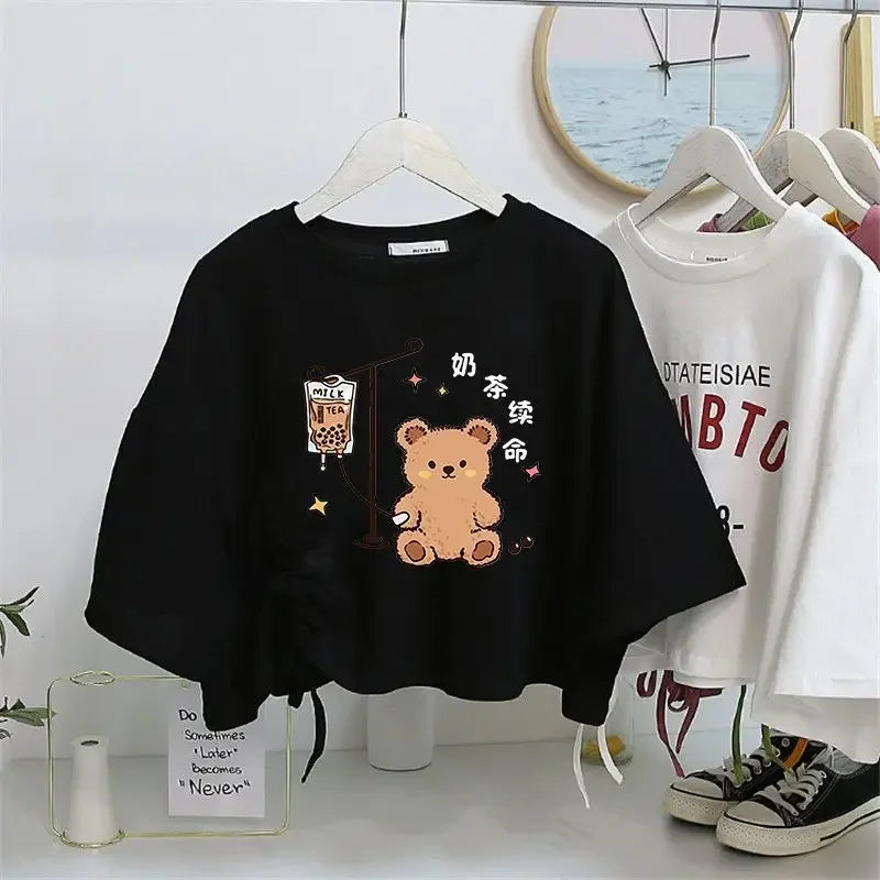 Women’s Drawstring Cotton T-Shirt | Loose O-Neck Drop Sleeve Pullover | Spring Summer Casual Solid Knit Top