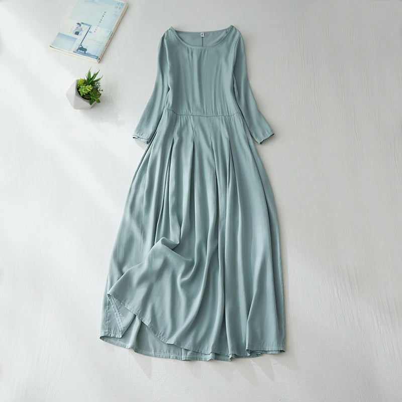Elegant Lightweight Draped Dress for Women – Artistic Loose Cotton Linen Robe, Summer Airy Flowing Long Skirt, Travel & Vacation Outfit