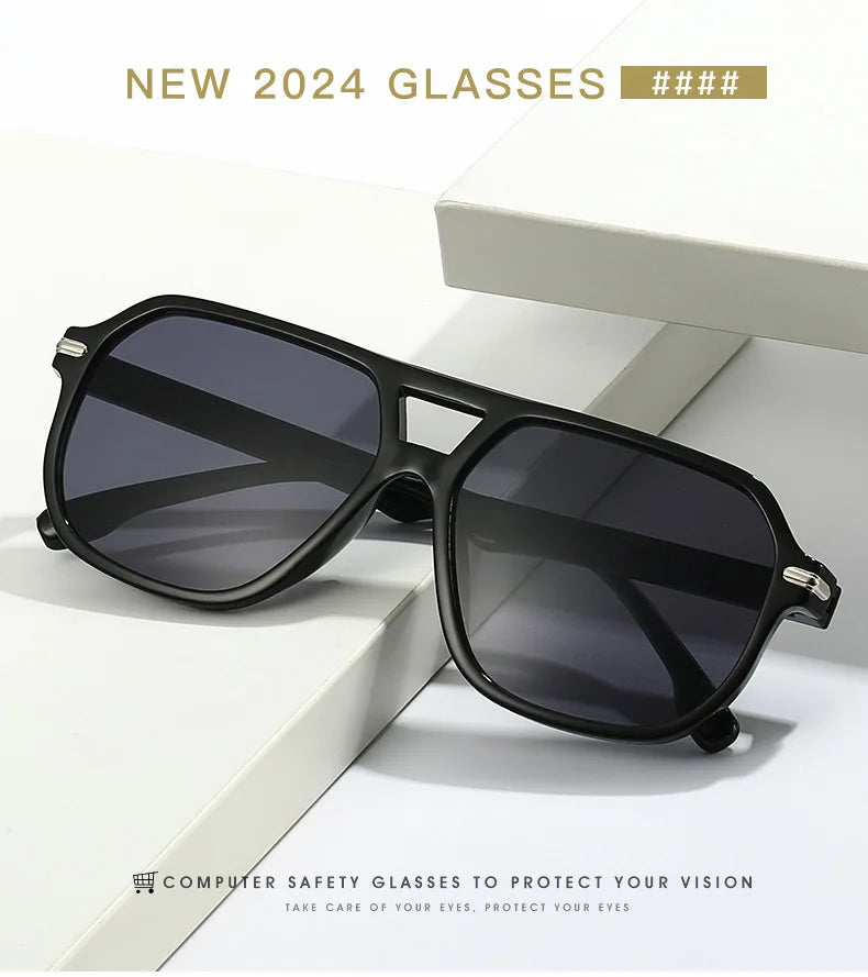 Retro Big Frame Square Sunglasses – Women & Men Double Beam One-Piece Designer Pilot Sun Glasses | Black Circular Cool Shades