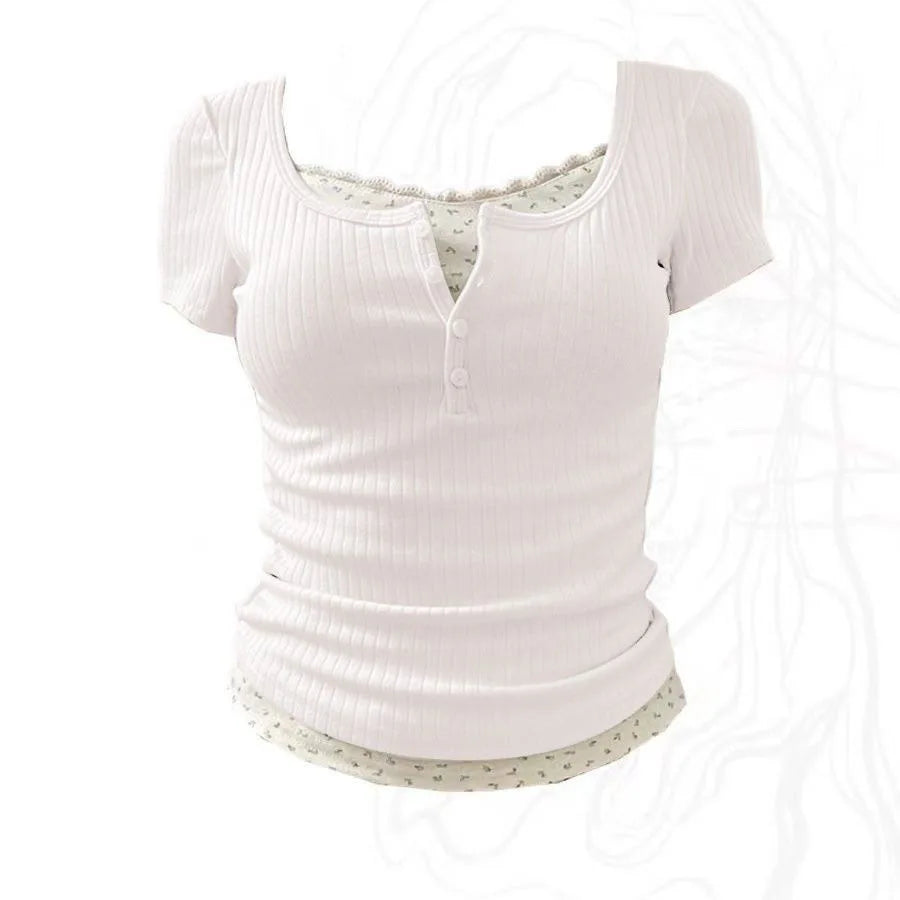 2025 Women’s Floral Patchwork Long Sleeve T-Shirt | False Two-Piece Lace Slimming Top | Korean Fashion