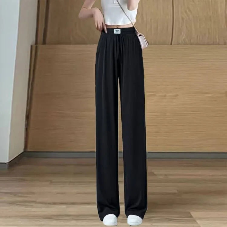 New 2025 Women’s Ice Silk Wide Leg Pants – High Waist Loose Thin Straight Casual Korean Trousers
