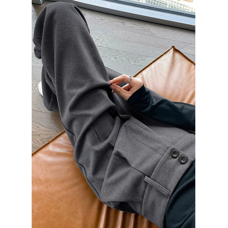 2024 Autumn Winter Women’s Woolen Wide Leg Pants – High Waist Thick Draping Trousers