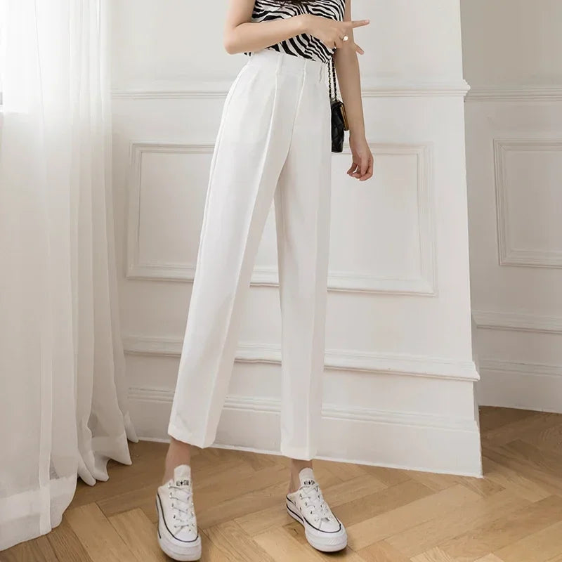 Women’s High Waist Suit Pants | Summer Black Harem Business Pants | Korean Style Pocket Thin Nine-Point Trousers
