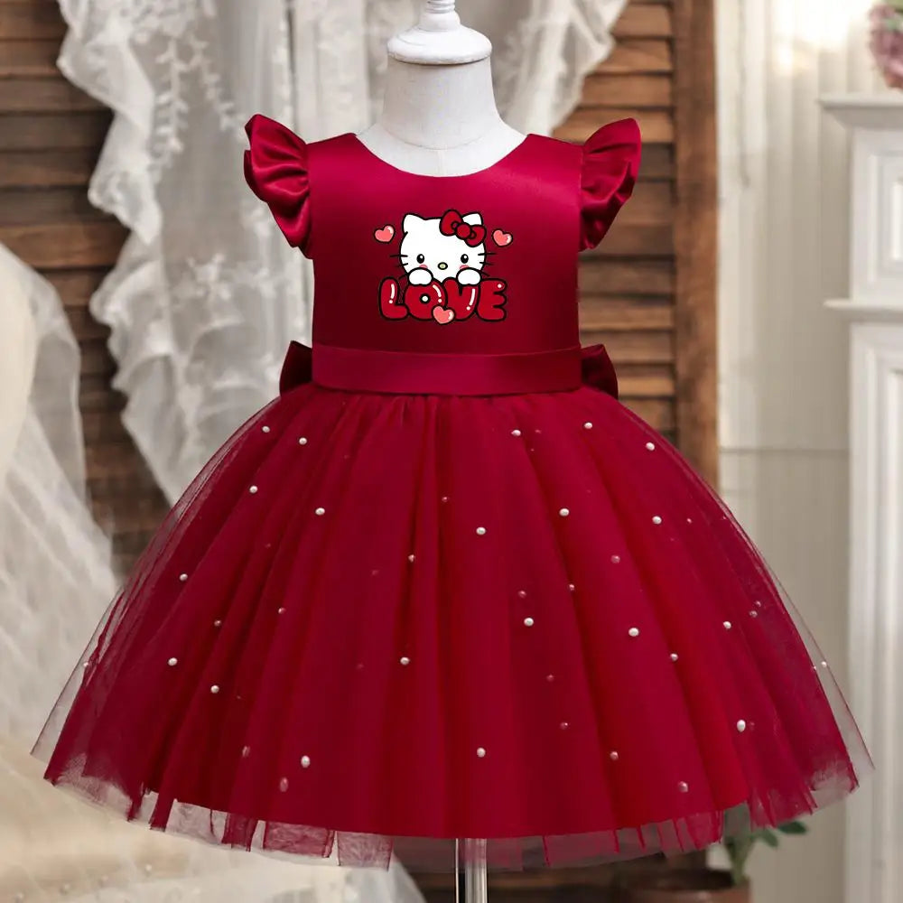 Hello Kitty Girls Pearls Dress – Elegant Princess Wedding Gown, Tulle Birthday Party Dress for Children 3-7Y
