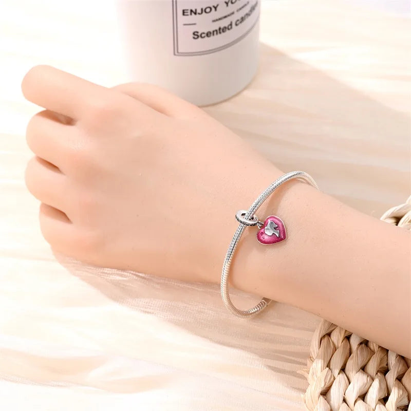 925 Silver Plated Magic Mirror Princess Angel Pink Charm Beads | Fits Original Pan 925 Bracelet | Exquisite DIY Jewelry