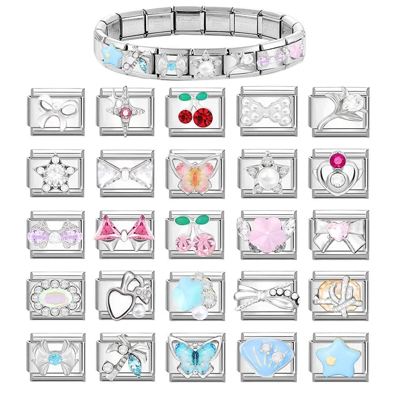 2025 Original Zircon Bow Knot Star Cherry Italian Charm | Stainless Steel 9mm Links DIY Modular Bracelet Jewelry Wholesale