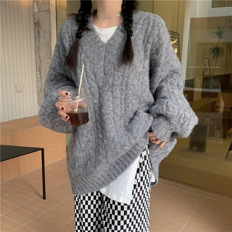 Women’s V-Neck Twisted Knit Sweater – Loose Autumn Winter Outerwear | Lazy Sleeve Soft Knitted Long Sleeve Top