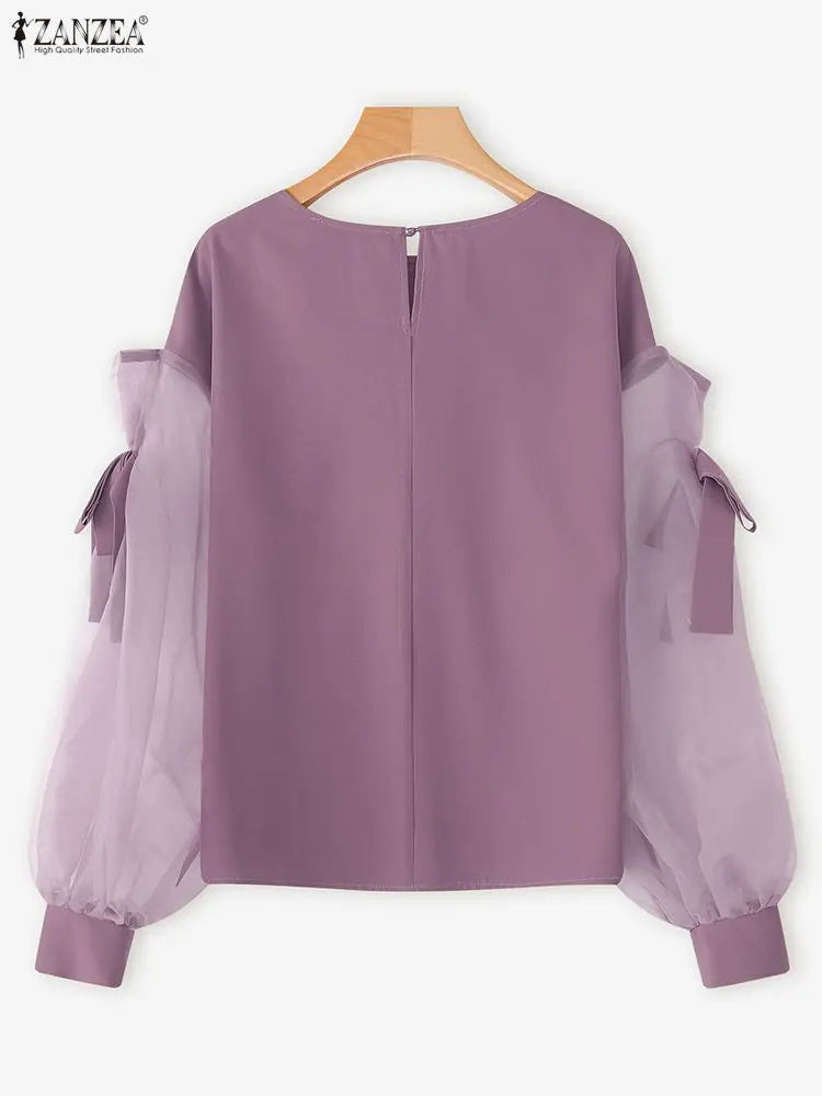 ZANZEA 2025 Women’s Elegant Blouse – Bow Mesh Patchwork Long Lantern Sleeve 👚✨