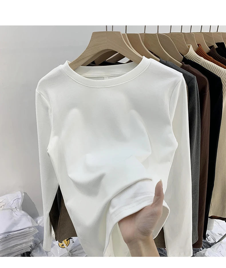 Women’s Winter Thickened Fleece-Lined Round Neck Long Sleeve Base Shirt | Slim Fit Solid Color Thermal Inner Wear Top