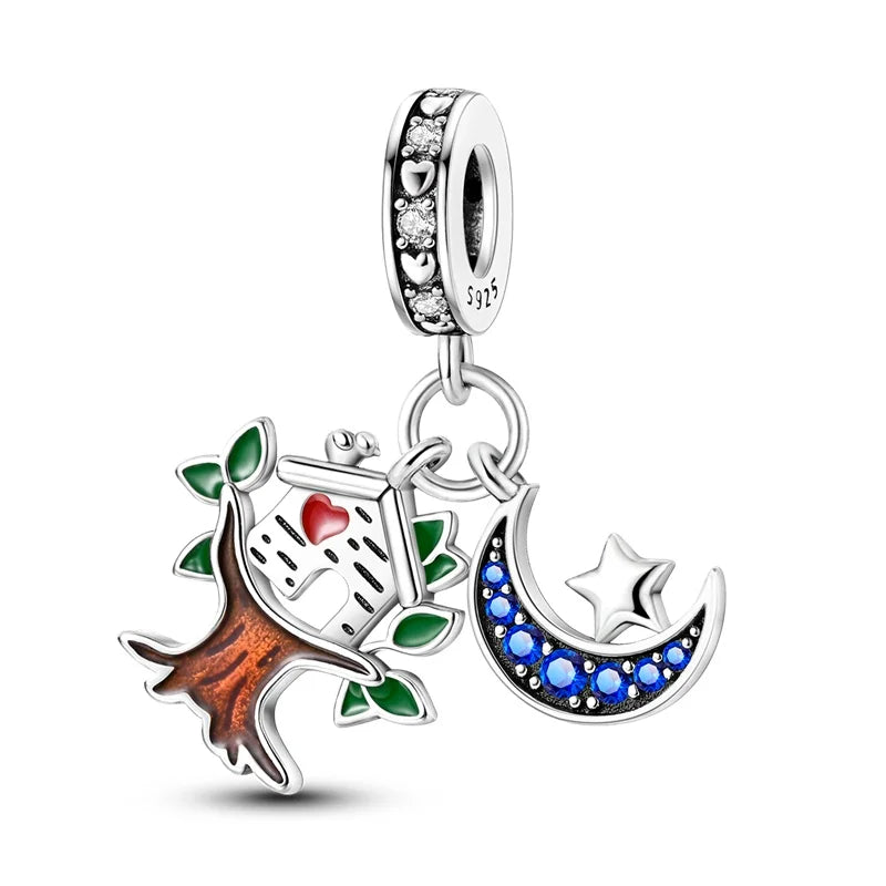 925 Sterling Silver Squirrel & Maple Leaf Charm | Shiny Zircon Autumn Beads Fit Pandora Bracelet DIY Jewelry